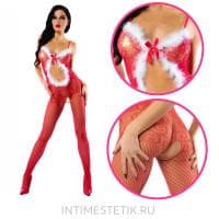 Кэтсьюит (комбинезон-сеточка) Джага-Джага красный с отделкой из лебяжьего пуха