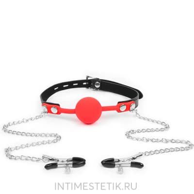 Кляп с зажимами на соски и замочком NOTABU BDSM - Красный/Черный Кляп с зажимами на соски и замочком NOTABU BDSM - Красный/Черный